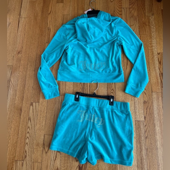 Juicy Couture Women’s Coastal Teal Velour Shorts Hoodie Set Size L Y2K 90s - Picture 5 of 7